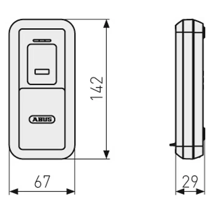 Abus HomeTec Pro Fingerabdruck Lesegerät CFS3100S - L x B x H: 29 x 67 x 143 mm, Schwarz / Silber - Technische Zeichnung: rechteckiges, helles ABUS-Gerät (142x67x29 mm), Vorderseite mit Taste und Seitenansicht.
