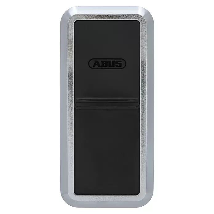Abus HomeTec Pro Fingerabdruck Lesegerät CFS3100S - L x B x H: 29 x 67 x 143 mm, Schwarz / Silber - Rechteckiges ABUS Sicherheitsgerät mit silbernem Rahmen und schwarzer Platte.
