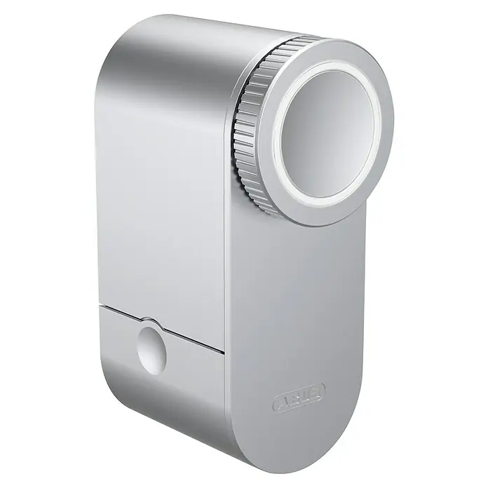 Abus Elektronisches Türschloss LOXERIS CFA4100 S - Bedienung: Über App, Geeignet für: Türen, Silber - Nahaufnahme eines ABUS-Türschlosses mit Drehknopf aus Metall. Ideal für erhöhte Sicherheit und moderne Optik.