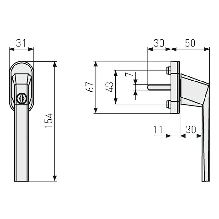 Abus Fenstergriff FG110 BK - Schwarz, Passend für: Fenster - Technische Zeichnung eines Fenstergriffs mit Maßangaben.