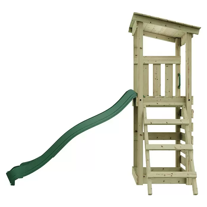 Rebo Kinderspielturm Nizza - L x B x H: 72 x 138,1 x 288,8 cm, Naturbelassen/ Grün - Hölzerner Spielturm mit Leiter und langer grüner Rutsche, perfekt für den Kinderspielplatz im Freien.