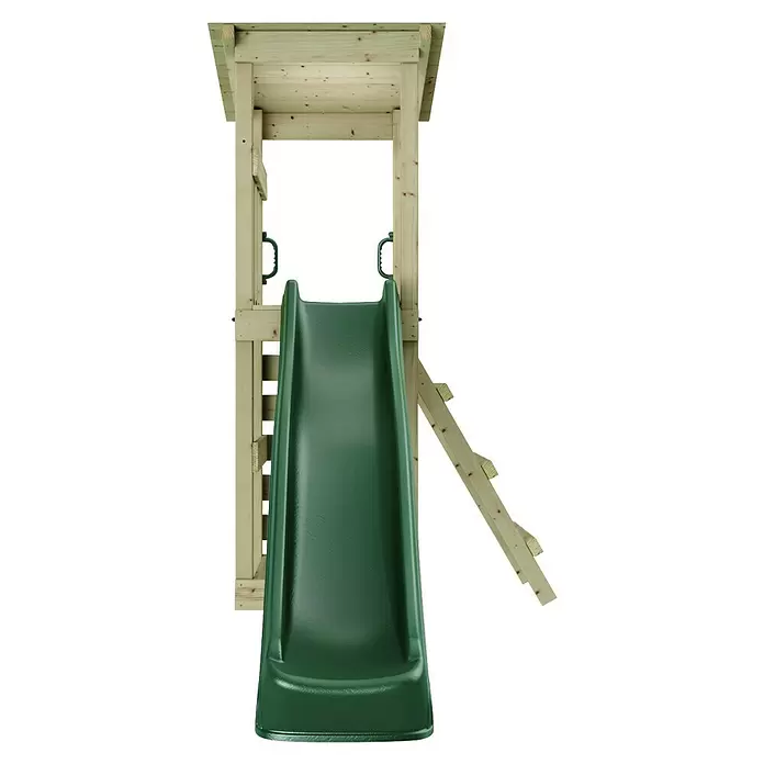 Rebo Kinderspielturm Nizza - L x B x H: 72 x 138,1 x 288,8 cm, Naturbelassen/ Grün - Grüne Kunststoffrutsche und hölzerne Spielstruktur.