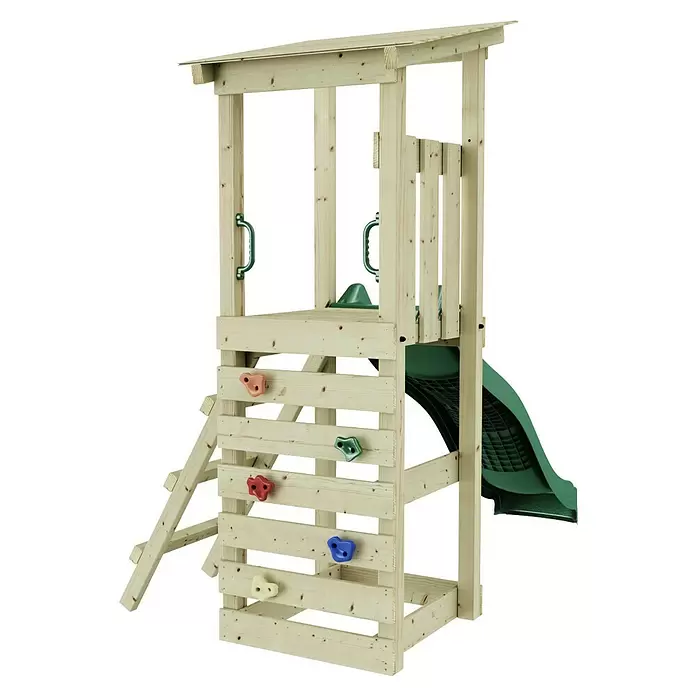 Rebo Kinderspielturm Nizza - L x B x H: 72 x 138,1 x 288,8 cm, Naturbelassen/ Grün - Hölzernes Spielgerüst mit grüner Rutsche, Kletterwand und Haltegriffen.