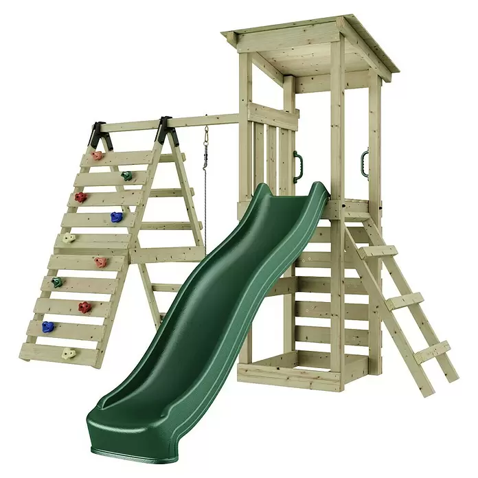 Rebo Kinderspielturm Sevilla - L x B x H: 119,5 x 306,2 x 288,8 cm, Naturbelassen/ Grün - Hölzernes Spielgerüst mit grüner Rutsche und Kletterwand mit bunten Griffen für den Outdoor-Spielbereich von Kindern.