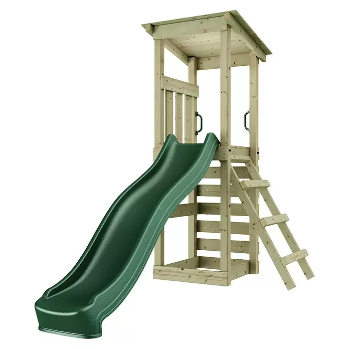 Rebo Kinderspielturm Nizza - L x B x H: 72 x 138,1 x 288,8 cm, Naturbelassen/ Grün - Ein hölzerner Kinderspielturm mit grüner Rutsche und Leiter.