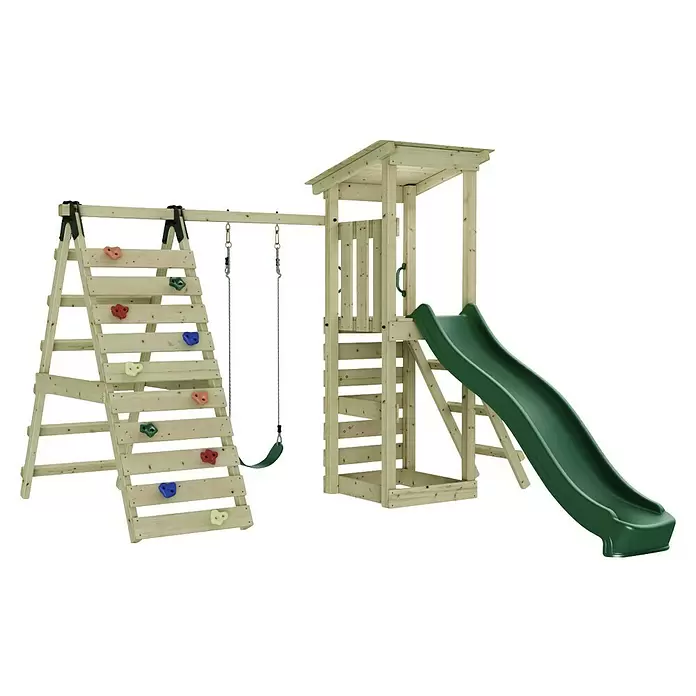 Rebo Kinderspielturm Sevilla - L x B x H: 119,5 x 306,2 x 288,8 cm, Naturbelassen/ Grün - Hölzerner Outdoor-Spielplatz mit grüner Rutsche, farbiger Kletterwand und Schaukel.