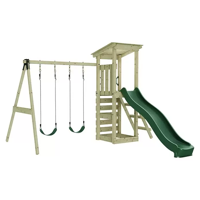 Rebo Kinderspielturm Neapel - L x B x H: 119,5 x 322,1 x 288,8 cm, Naturbelassen/ Grün - Hölzerner Spielplatz mit zwei grünen Schaukeln und einer grünen Rutsche.