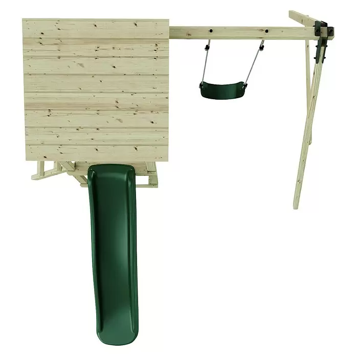 Rebo Kinderspielturm Lyon - L x B x H: 119,5 x 242,2 x 288,8 cm, Naturbelassen/ Grün - Hölzerner Spielturm mit grüner Rutsche und Schaukel, von oben gesehen.
