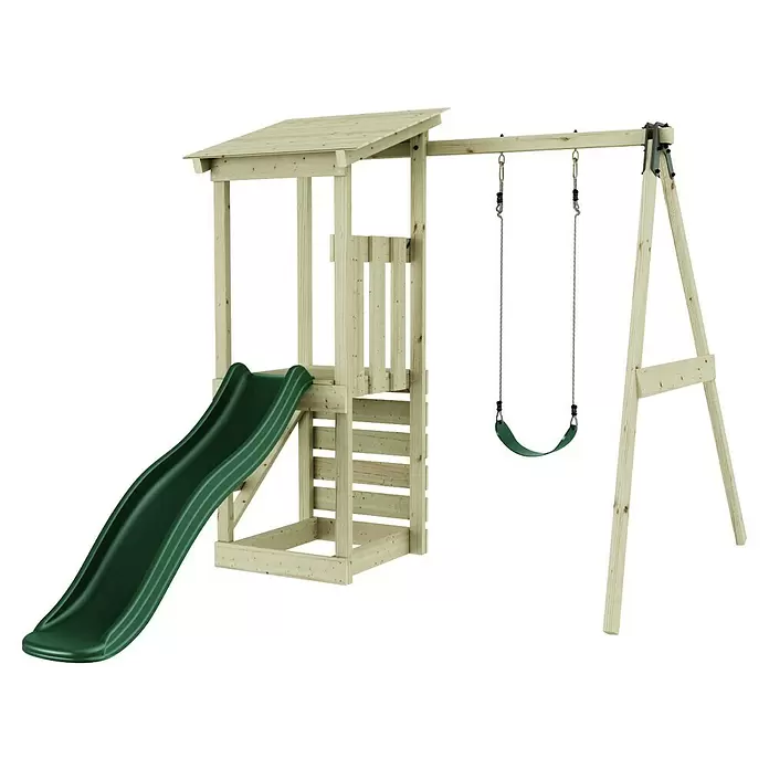 Rebo Kinderspielturm Lyon - L x B x H: 119,5 x 242,2 x 288,8 cm, Naturbelassen/ Grün - Holzspielplatz mit grüner Rutsche und Einzelschaukel.