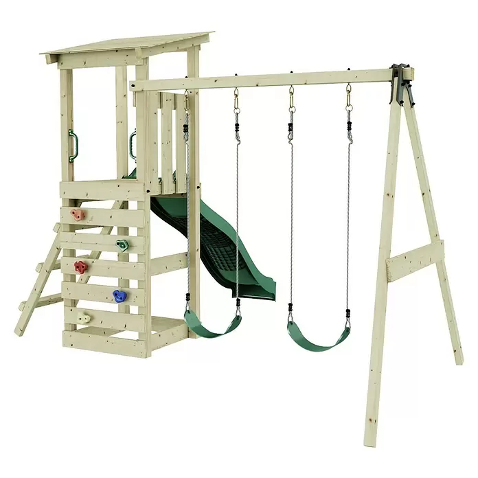 Rebo Kinderspielturm Neapel - L x B x H: 119,5 x 322,1 x 288,8 cm, Naturbelassen/ Grün - Spielturm aus hellem Holz mit grüner Rutsche, zwei grünen Schaukeln und bunter Kletterwand.