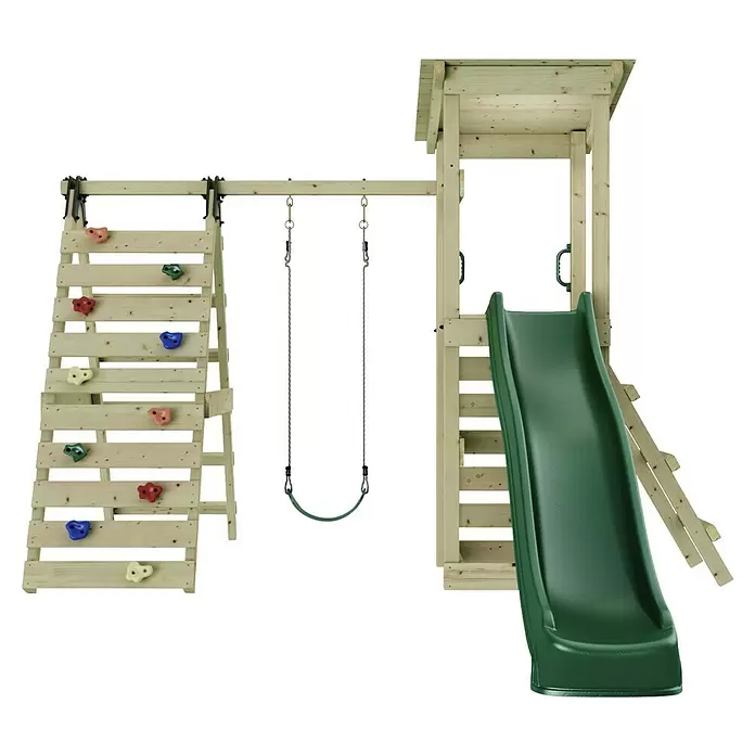 Rebo Kinderspielturm Sevilla - L x B x H: 119,5 x 306,2 x 288,8 cm, Naturbelassen/ Grün - Spielplatz aus Holz mit grüner Rutsche, Kletterwand mit bunten Griffen und zwei Schaukeln.