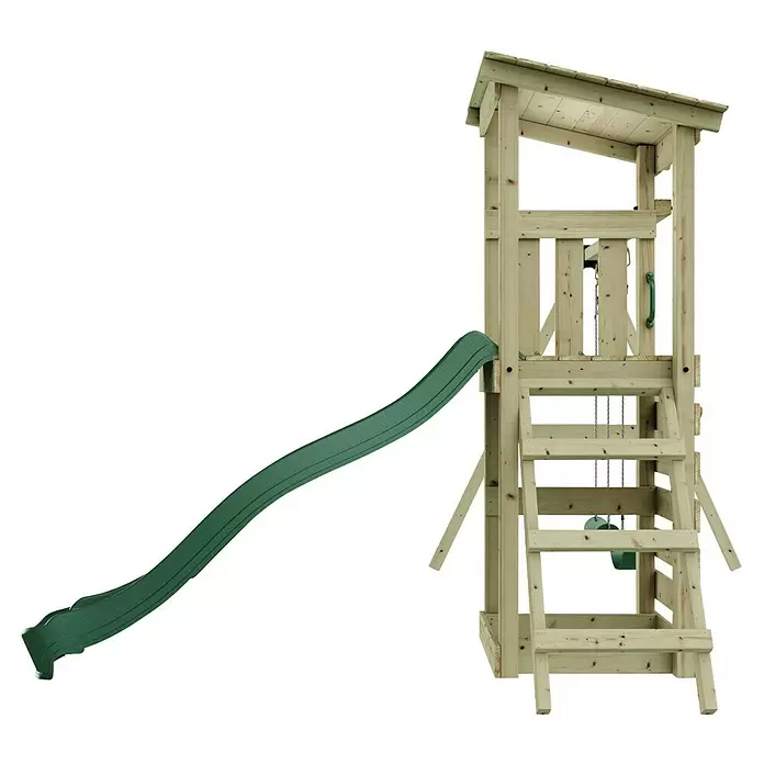 Rebo Kinderspielturm Neapel - L x B x H: 119,5 x 322,1 x 288,8 cm, Naturbelassen/ Grün - Holzspielturm mit grüner Rutsche für den Spielplatz.