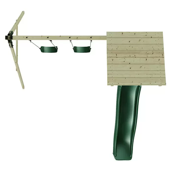 Rebo Kinderspielturm Neapel - L x B x H: 119,5 x 322,1 x 288,8 cm, Naturbelassen/ Grün - Hölzerne Schaukel mit zwei grünen Eimerschaukeln und einer grünen Rutsche.