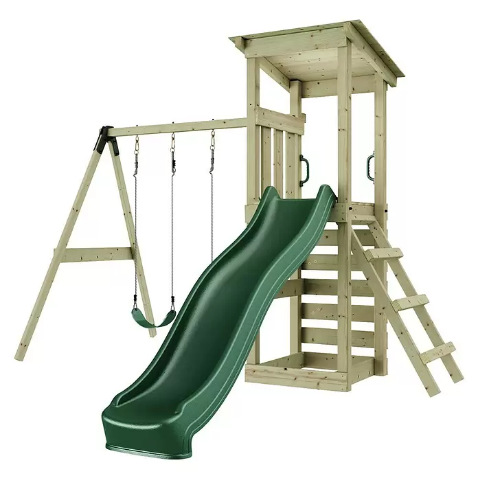 Rebo Kinderspielturm Neapel - L x B x H: 119,5 x 322,1 x 288,8 cm, Naturbelassen/ Grün - Hölzernes Spielgerüst mit grüner Rutsche und zwei Schaukeln für den Außenbereich.