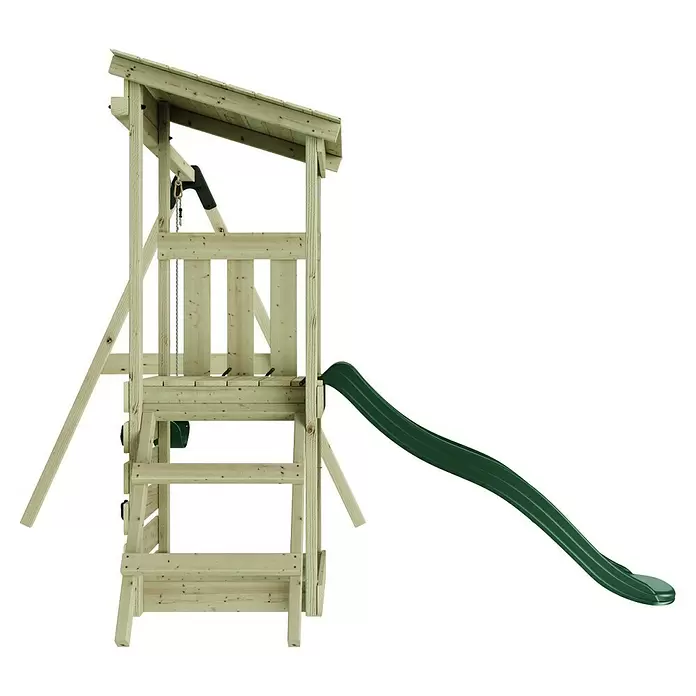 Rebo Kinderspielturm Lyon - L x B x H: 119,5 x 242,2 x 288,8 cm, Naturbelassen/ Grün - Helles Holzspielplatz-Set mit einem überdachten Turm, einer Leiter und einer dunkelgrünen Rutsche für draußen.