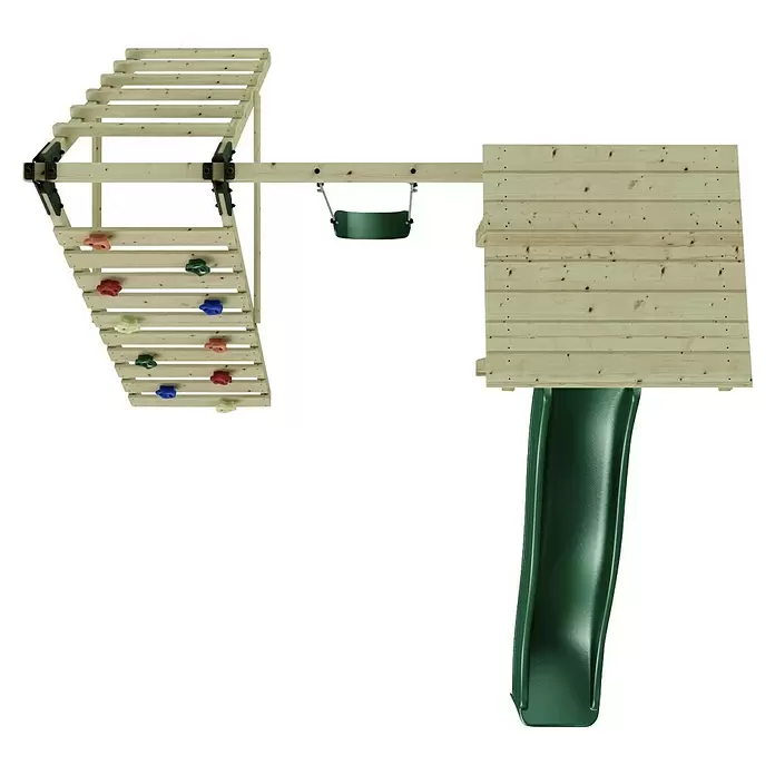 Rebo Kinderspielturm Sevilla - L x B x H: 119,5 x 306,2 x 288,8 cm, Naturbelassen/ Grün - Hölzernes Spielgerüst mit grüner Rutsche, Schaukel und Kletterwand mit bunten Griffen.