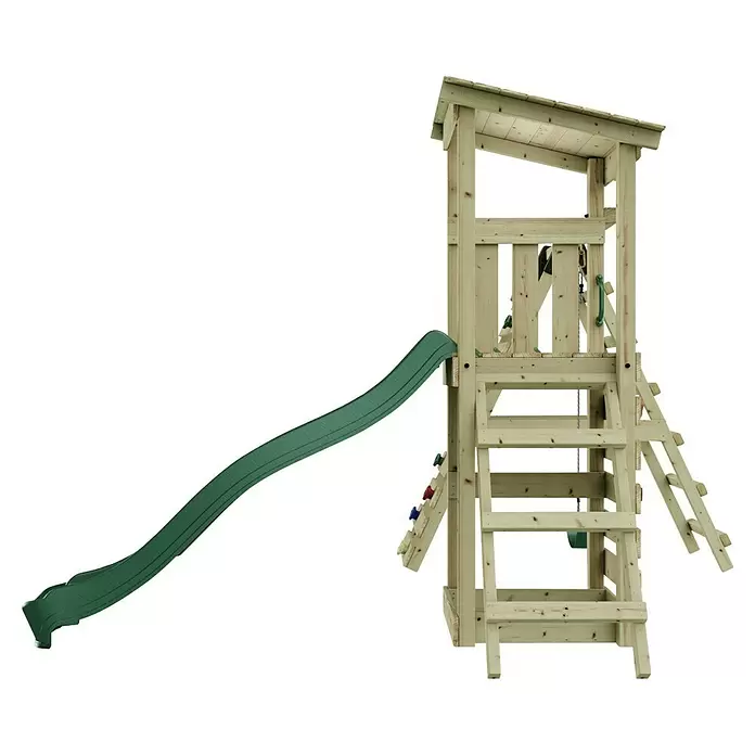 Rebo Kinderspielturm Sevilla - L x B x H: 119,5 x 306,2 x 288,8 cm, Naturbelassen/ Grün - Hölzernes Spielgerüst mit grüner Rutsche, Kletterleiter und Plattform für Kinderspiel im Freien.