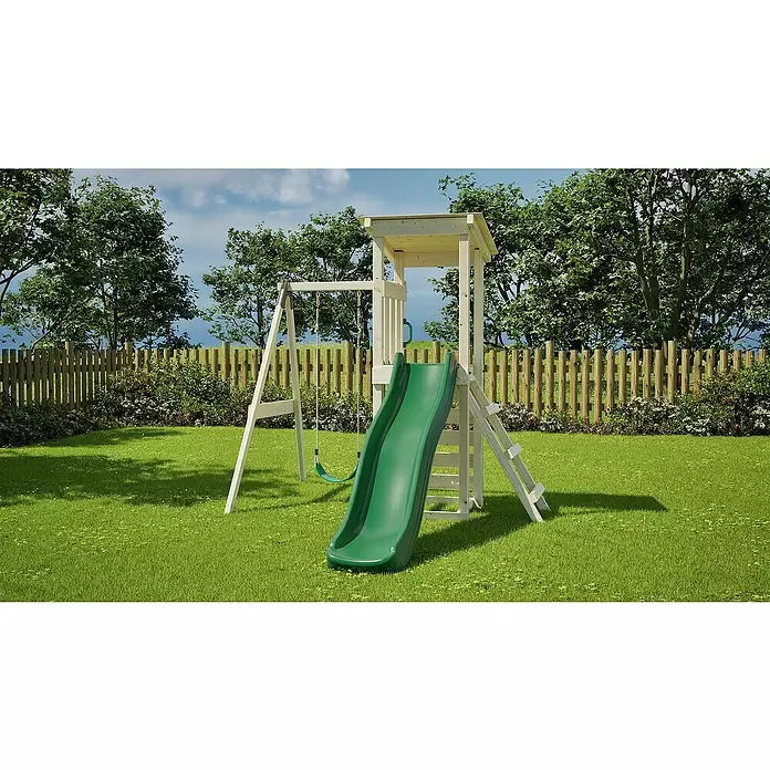 Rebo Kinderspielturm Lyon - L x B x H: 119,5 x 242,2 x 288,8 cm, Naturbelassen/ Grün - Hölzernes Spielgerüst mit grüner Rutsche und Schaukel im Garten.