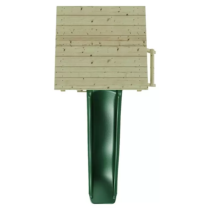 Rebo Kinderspielturm Nizza - L x B x H: 72 x 138,1 x 288,8 cm, Naturbelassen/ Grün - Blick von oben auf eine helle Holzspielplattform mit dunkelgrüner Rutsche.