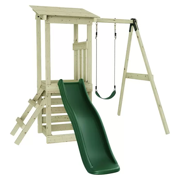 Rebo Kinderspielturm Lyon - L x B x H: 119,5 x 242,2 x 288,8 cm, Naturbelassen/ Grün - Hölzernes Spielgerüst mit Turm, grüner Rutsche und einer Schaukel.