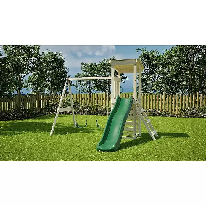 Rebo Kinderspielturm Neapel - L x B x H: 119,5 x 322,1 x 288,8 cm, Naturbelassen/ Grün - Hölzerner Spielturm mit grüner Rutsche und zwei Schaukeln in einem grünen Garten.