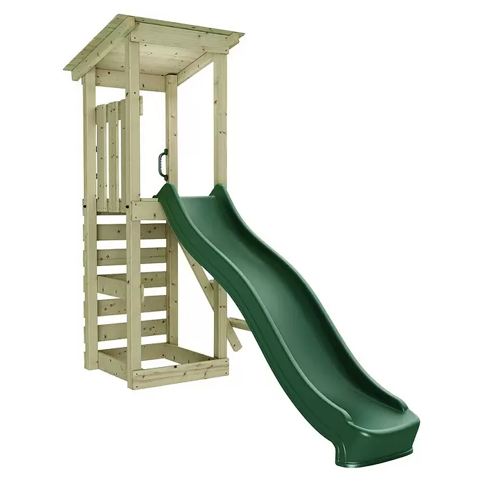 Rebo Kinderspielturm Nizza - L x B x H: 72 x 138,1 x 288,8 cm, Naturbelassen/ Grün - Naturholz-Spielturm mit befestigter grüner Rutsche.