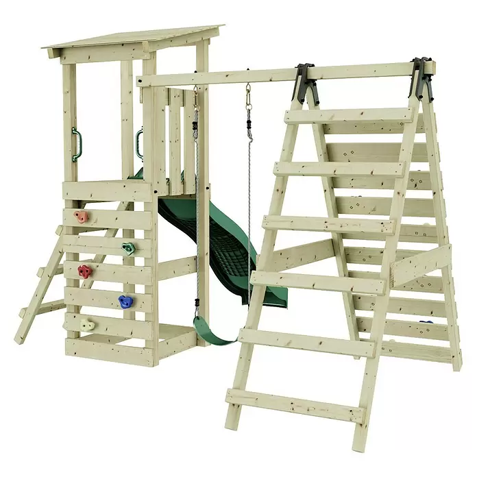 Rebo Kinderspielturm Sevilla - L x B x H: 119,5 x 306,2 x 288,8 cm, Naturbelassen/ Grün - Hölzernes Spielgerüst mit Rutsche, Schaukel und Kletterwand mit bunten Griffen.