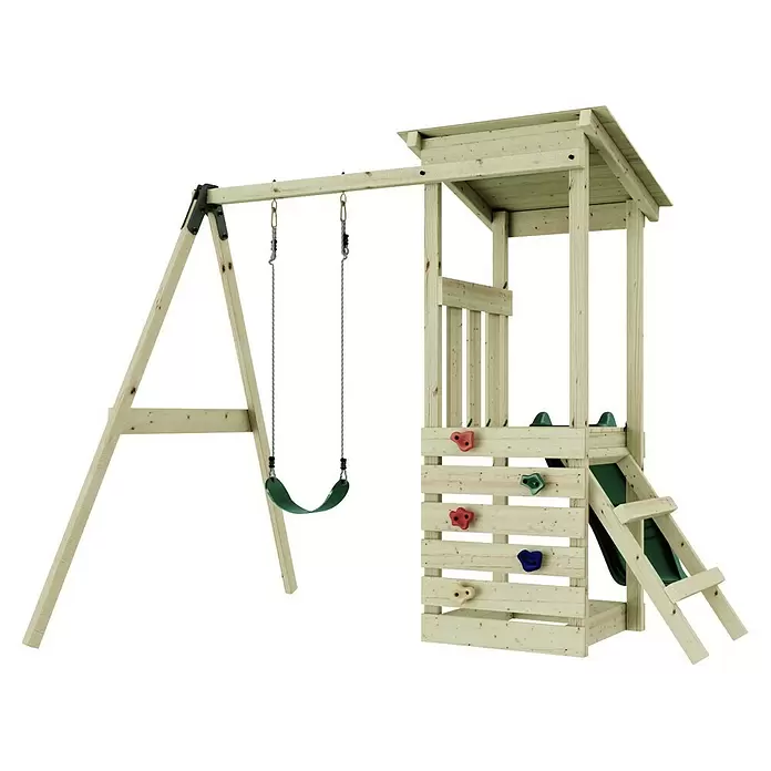 Rebo Kinderspielturm Lyon - L x B x H: 119,5 x 242,2 x 288,8 cm, Naturbelassen/ Grün - Holzspielturm mit Schaukel, Kletterwand mit bunten Griffen und grüner Rutsche.