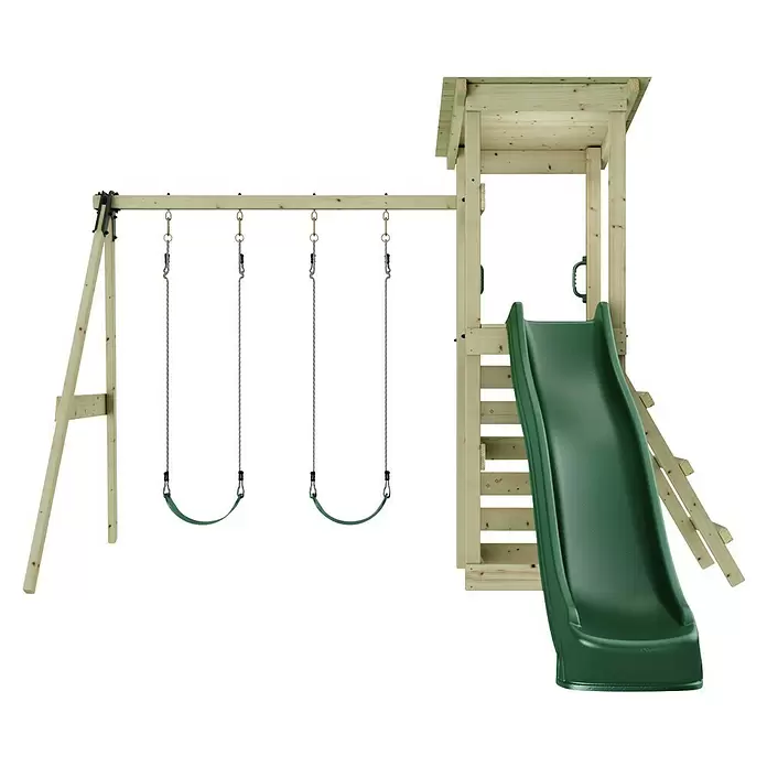 Rebo Kinderspielturm Neapel - L x B x H: 119,5 x 322,1 x 288,8 cm, Naturbelassen/ Grün - Spielplatz-Set aus Naturholz mit grüner Rutsche und vier Schaukeln.