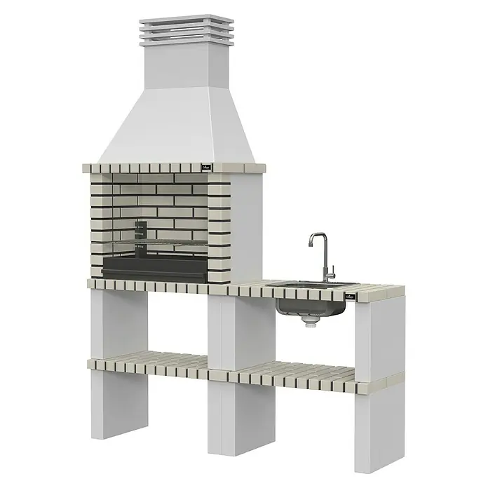 Collippo Barbacoa de obra Alvor con fregadero - An x Pr x Al: 167 x 47 x 224 cm, Superficie parrilla: 64 x 38 cm, Gris - Imagen de una barbacoa de exterior con fregadero. Moderna barbacoa blanca de exterior con fregadero para experiencias culinarias.