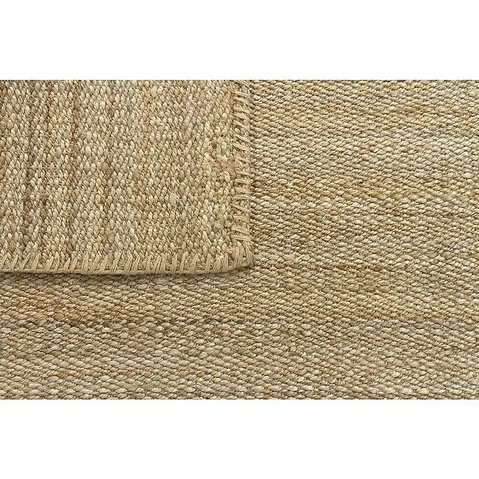 Alfombra de yute Córdoba - Natural, 230 x 160 cm, 100% yute - Primer plano de una alfombra de yute tejida con un borde decorativo. El material natural y la textura son claramente visibles.