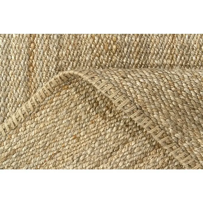 Alfombra de yute Córdoba - Natural, 230 x 160 cm, 100% yute - Primer plano de una alfombra tejida de fibra natural que muestra una textura rústica y bordes artesanales.