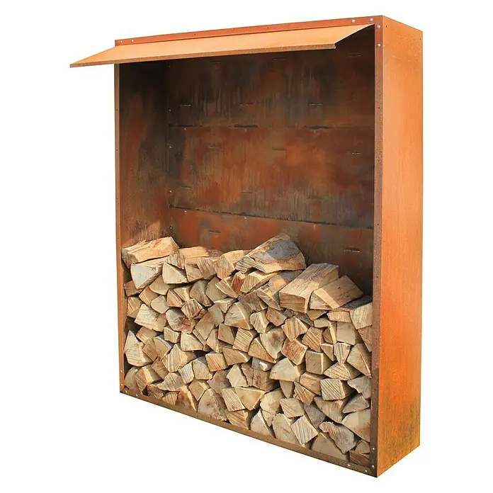 Palatino Exclusive Line Rückwand Woodpecker - 150 x 180 cm, Passend für: Palatino Exclusive Line Brennholzregal Woodpecker - Rostfarbenes Holzlager mit geneigtem Dach, gefüllt mit sauber geschnittenem Holzscheiten für den Kamin oder Ofen.
