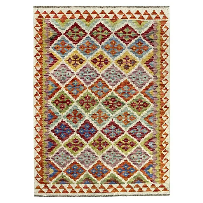 Alfombra de pelo corto Kilim Herat - Multicolor, 180 x 120 cm, 100% lana - Alfombra colorida con diseño de rombos y flecos. Un acento decorativo para cualquier habitación con colores vivos.