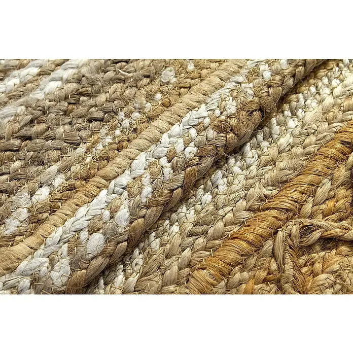 Alfombra de yute París - Natural, 110 x 60 cm, 100% yute - Primer plano de una alfombra trenzada con texturas variadas y tonos naturales. Alfombra artesanal hecha de yute y algodón.