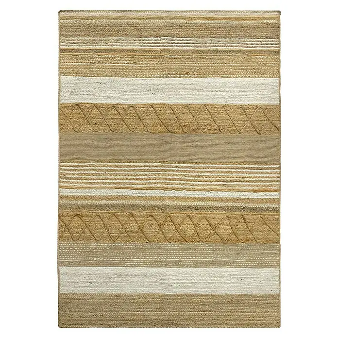 Alfombra de yute París - Natural, 230 x 160 cm, 100% yute - Alfombra de rayas en tonos neutros con motivos decorativos. Una pieza destacada para cualquier habitación con su encanto natural y texturas.