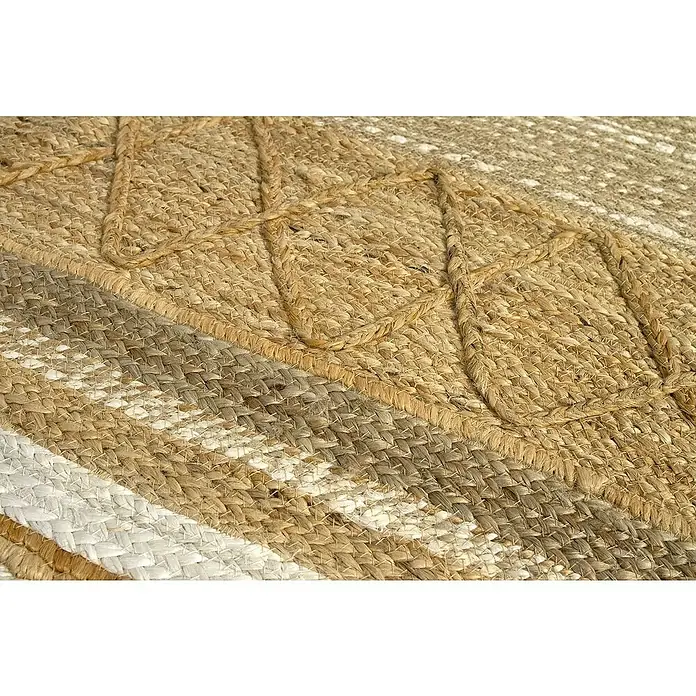Alfombra de yute París - Natural, 230 x 160 cm, 100% yute - Primer plano de una alfombra de yute tejida con rayas y patrones cuadrados decorativos en relieve, destacando la textura natural y la artesanía.