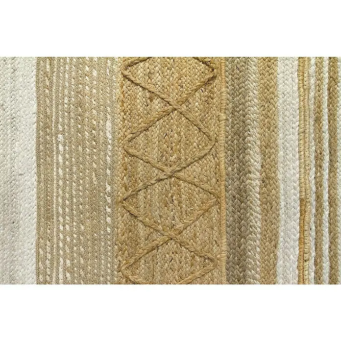 Alfombra de yute París - Natural, 230 x 160 cm, 100% yute - Primer plano de una alfombra de fibra natural a rayas, con patrones de trenzas decorativas en varios tonos de marrón y blanco.