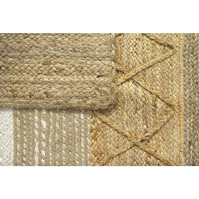 Alfombra de yute París - Natural, 230 x 160 cm, 100% yute - Primer plano de una alfombra de yute tejida con detalles decorativos y tonos naturales, ideal para añadir calidez a cualquier espacio.