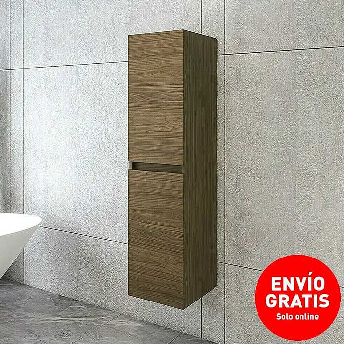 Disbain Armario colgante de baño Kuntur - L x An x Al: 35 x 35 x 140 cm, Nogal italiano - Toma de un moderno mueble de baño con textura de madera colgado en una pared gris.