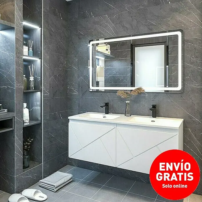 Disbain Conjunto de mueble de baño Lira - Ancho: 120 cm, Blanco, 3 pzs. - Baño moderno con mueble de lavabo blanco y espejo iluminado.