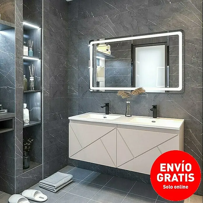 Disbain Conjunto de mueble de baño Lira - Ancho: 120 cm, Maquillaje, 3 pzs. - Baño moderno con mueble bajo lavabo, espejo iluminado y aspecto de mármol gris para un ambiente elegante.
