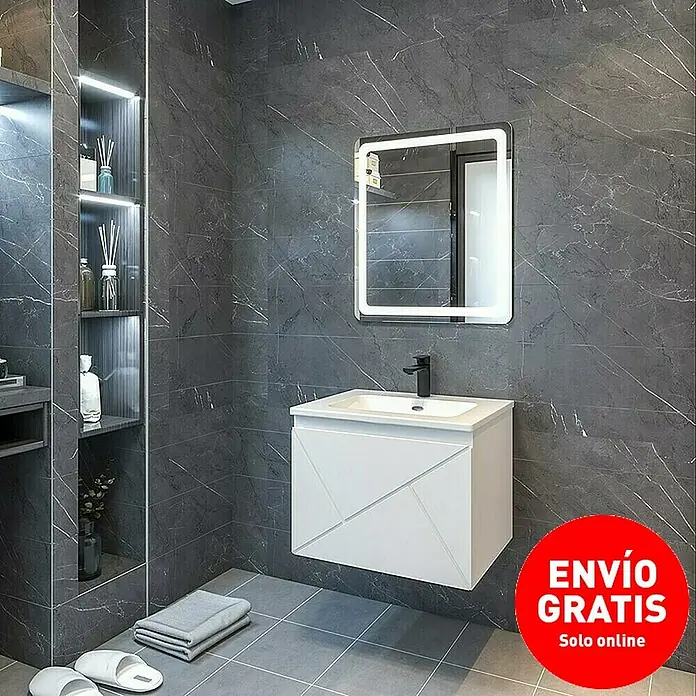 Disbain Conjunto de mueble de baño Lira - Ancho: 60 cm, Blanco, 3 pzs. - Imagen de un baño moderno con mueble de lavabo blanco y espejo iluminado sobre pared de mármol gris.