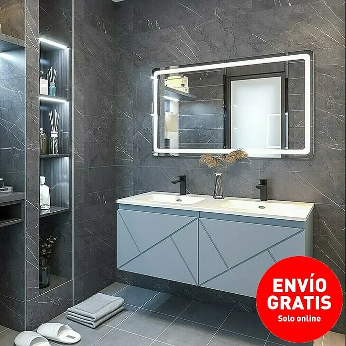 Disbain Conjunto de mueble de baño Lira - Ancho: 120 cm, Azul soho, 3 pzs. - Elegante baño con doble lavabo y espejo iluminado. El diseño moderno se complementa con azulejos grises y detalles elegantes.
