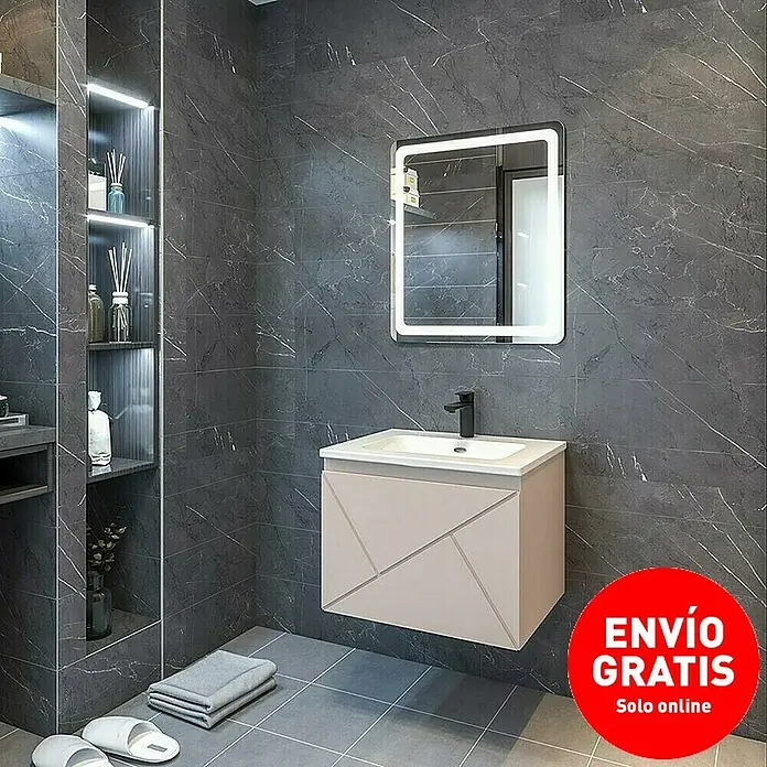 Disbain Conjunto de mueble de baño Lira - Ancho: 60 cm, Maquillaje, 3 pzs. - Lavabo de baño moderno con espejo LED y práctico mueble bajo con diseño elegante. Ideal para cualquier baño.