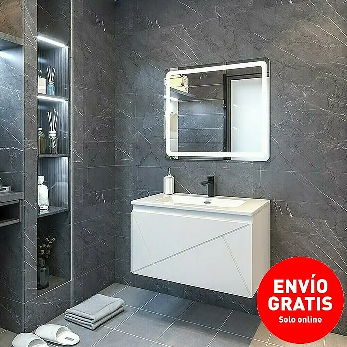 Disbain Conjunto de mueble de baño Lira - Ancho: 80 cm, Blanco, 3 pzs. - Baño moderno con tocador blanco, espejo iluminado y azulejos grises que crean un diseño elegante y contemporáneo.