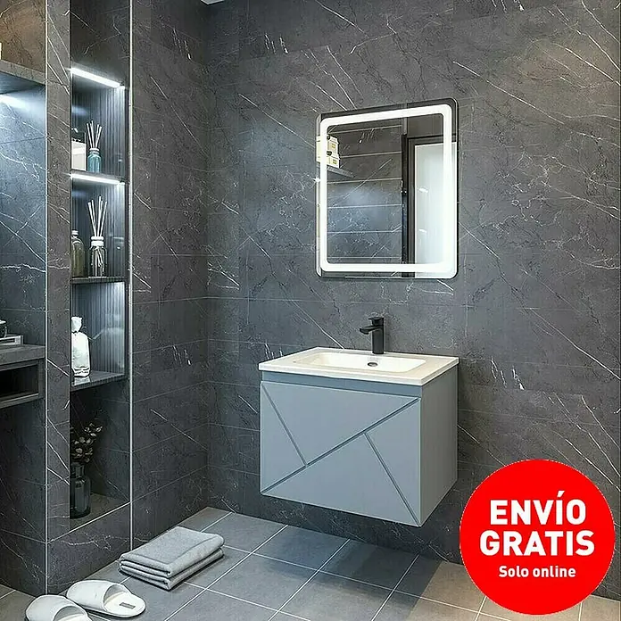 Disbain Conjunto de mueble de baño Lira - Ancho: 60 cm, Azul soho, 3 pzs. - Un baño moderno con un elegante tocador gris con un diseño geométrico y un espejo iluminado. El diseño es minimalista y elegante.