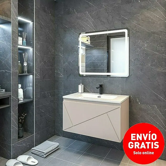 Disbain Conjunto de mueble de baño Lira - Ancho: 80 cm, Maquillaje, 3 pzs. - Interior de baño moderno con mueble de lavabo, espejo iluminado y pared de azulejos de mármol gris. Diseño elegante para baños con estilo.