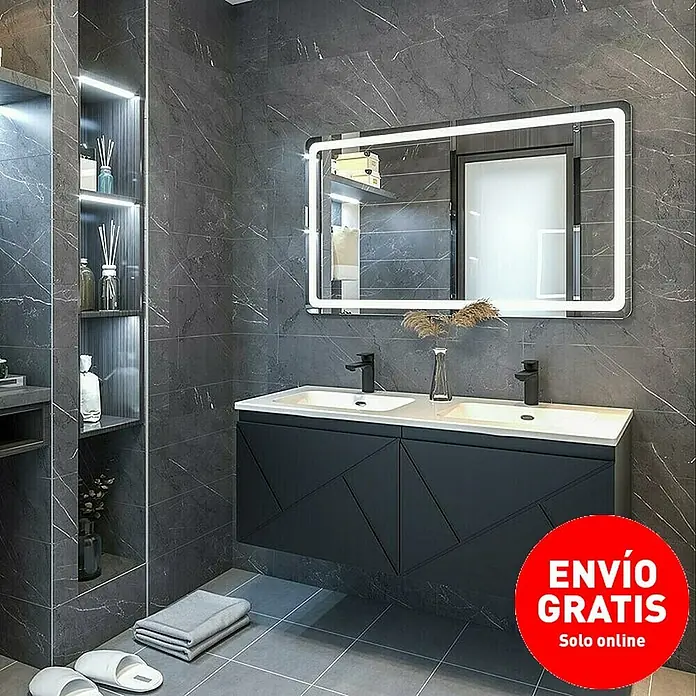 Disbain Conjunto de mueble de baño Lira - Ancho: 120 cm, Negro, 3 pzs. - Baño moderno con lavabo doble, espejo iluminado, azulejos grises y detalles elegantes.