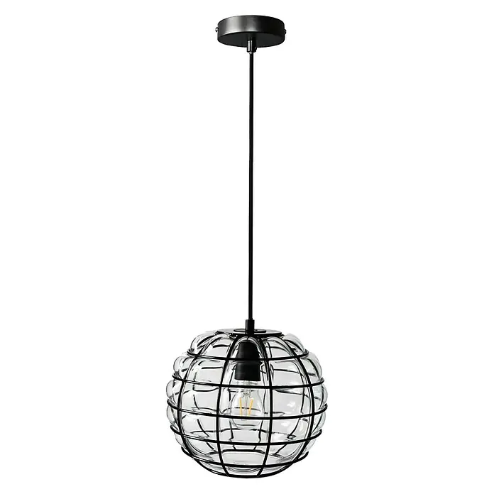 Tween Light Pendelleuchte Farini - Höhe: 145 cm - Eine stilvolle Pendelleuchte mit einem kugelförmigen Lampenschirm aus Glas und einem filigranen, schwarzen Metallkäfig.